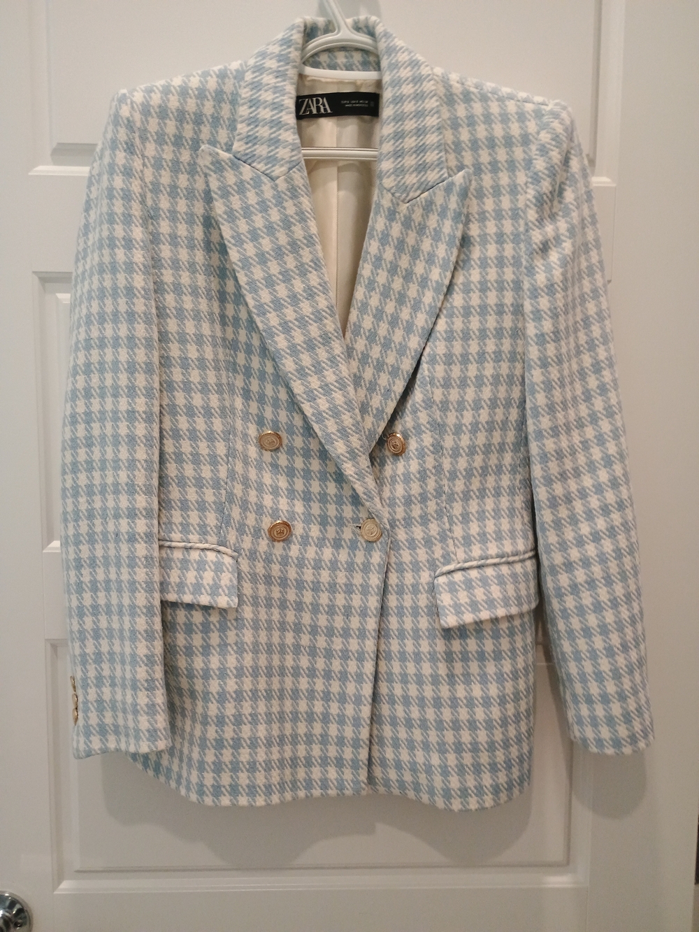 Zara Light Blue & White Houndstooth Double-Breasted Blazer with Gold Buttons
